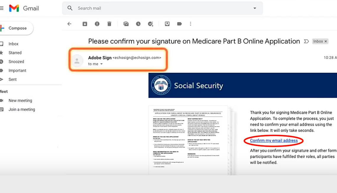 a screenshot of a social security email from sender adobe sign. Confirm my email address is circled in red in the email body