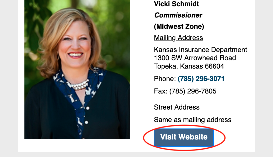 screenshot of of the Kansas state National Association of Insurance Commissioners information page. A visit website button is circled in red at the bottom