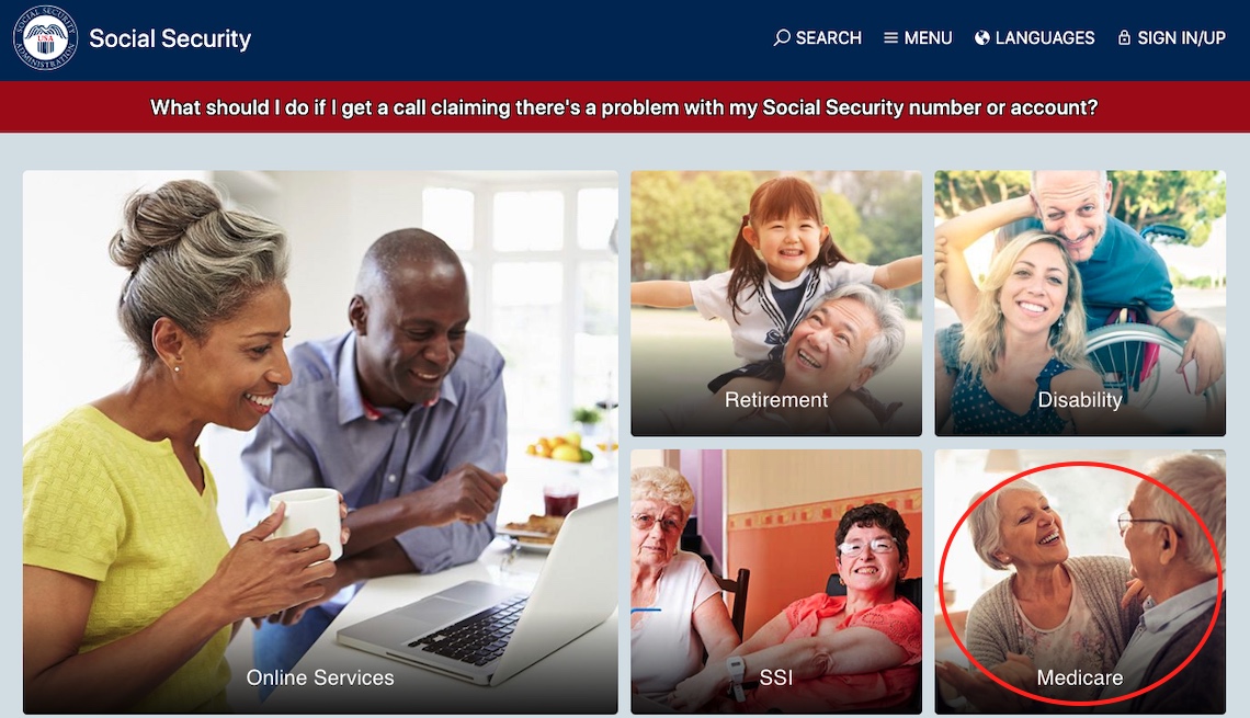 screenshot of Social Security website with the Medicare section circled in red