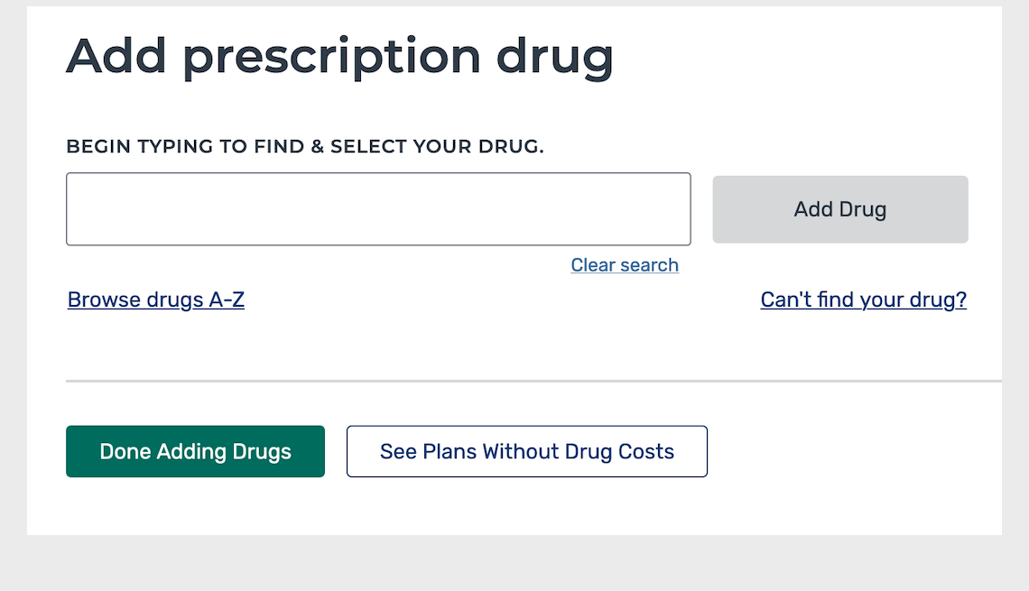 screenshot of the medicare dot gov website showing the field where you can add you prescription drug information