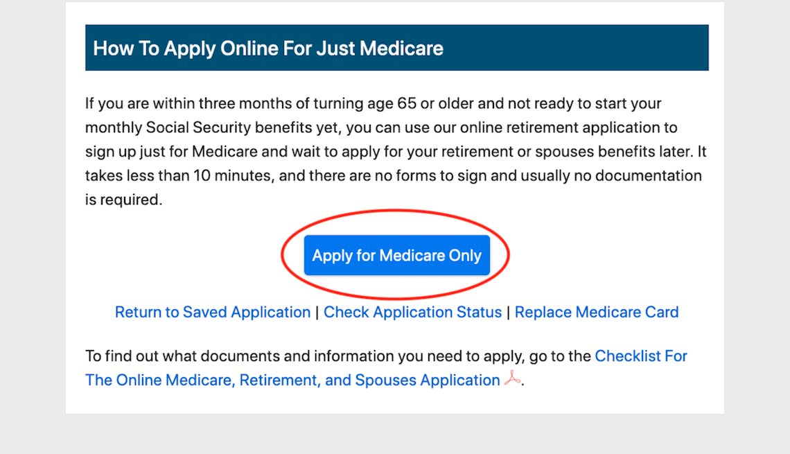 screenshot of the social security administrations medicare application website introduction page explaining how to apply online for just medicare. The apply for medicare only button is circled in red