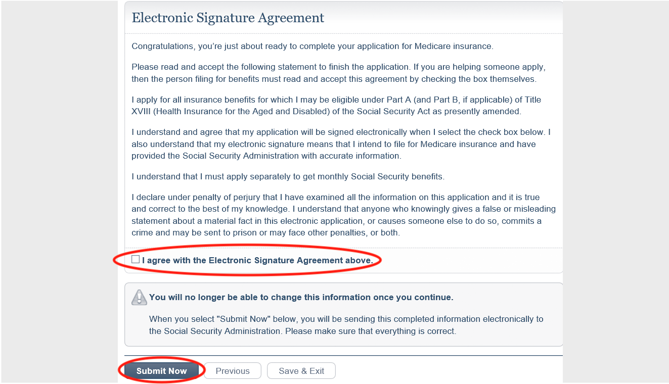 screenshot of the social security administrations medicare application website electronic signature agreement showing the agreement terms and conditions and where to check if you agree with the electronic signature agreement