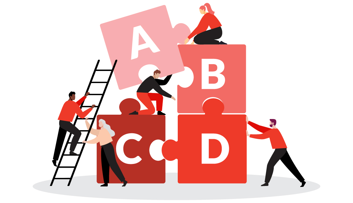 illustration of people building a structure from square blocks with the letters a b c and d