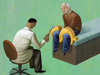 Drawing of a doctor giving a reflex exam to patient. What is covered under a Medicare wellness exam?