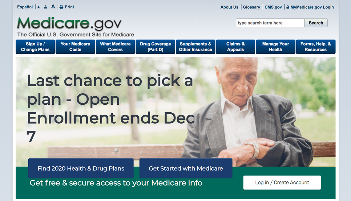 The home page of Medicare.gov that shows that open enrollment ends on December 7