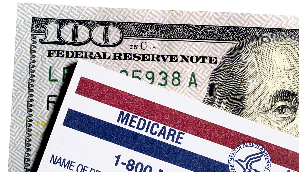 A Medicare card placed on top of a one hundred dollar bill