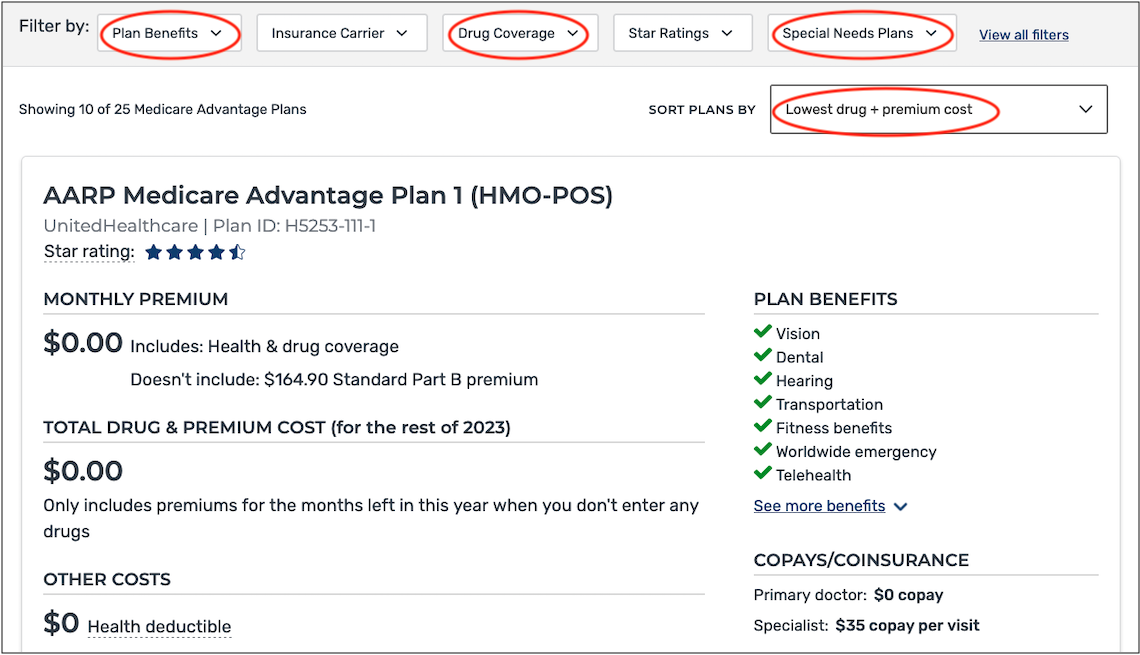 current AARP Medicare Advantage Plan Finder screenshot with pertinent info circled