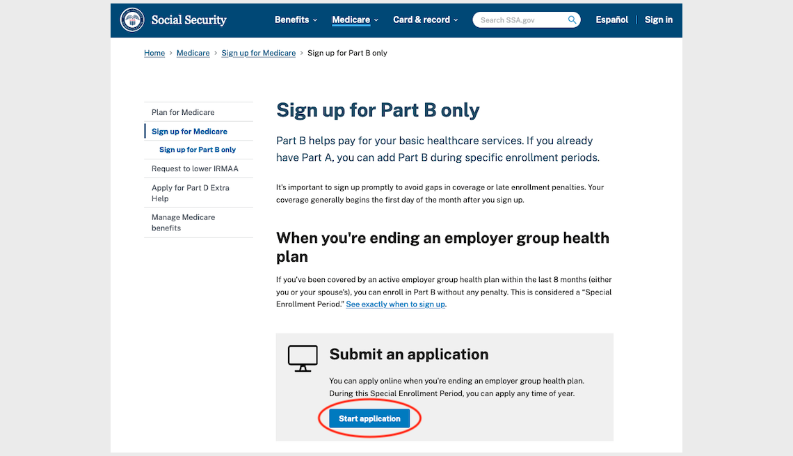 screenshot of SS Part B page with the "get started" button circled in the "sign up for Part B only" box