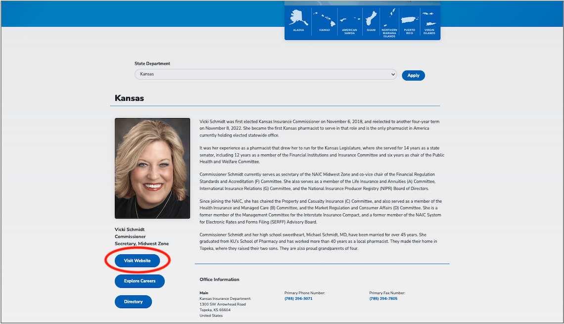 Captura de pantalla de la web State Health Insurance con el botón Visit Website encerrado en un círculo