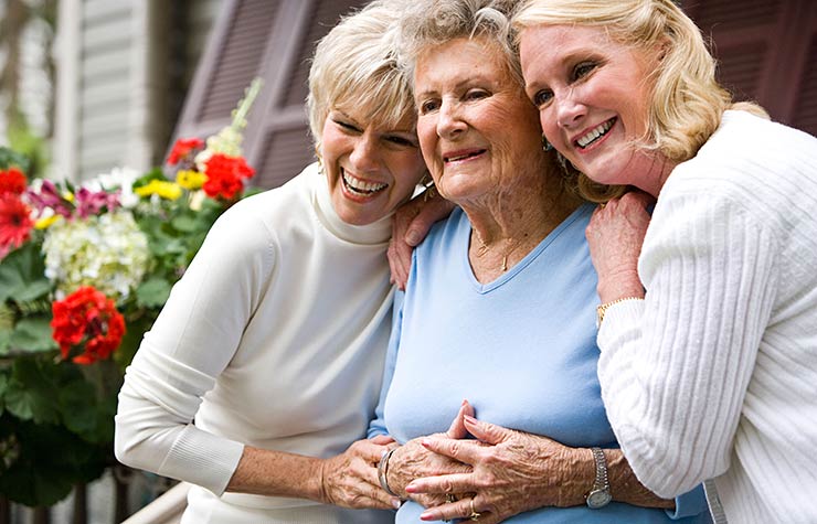 Senior mother with two daughters. Sibling relationships and caregiving.