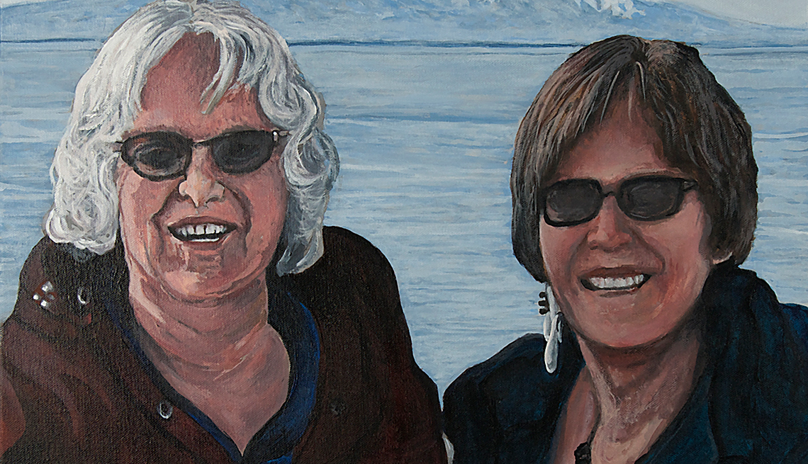 A painting of two women wearing sunglasses and smiling