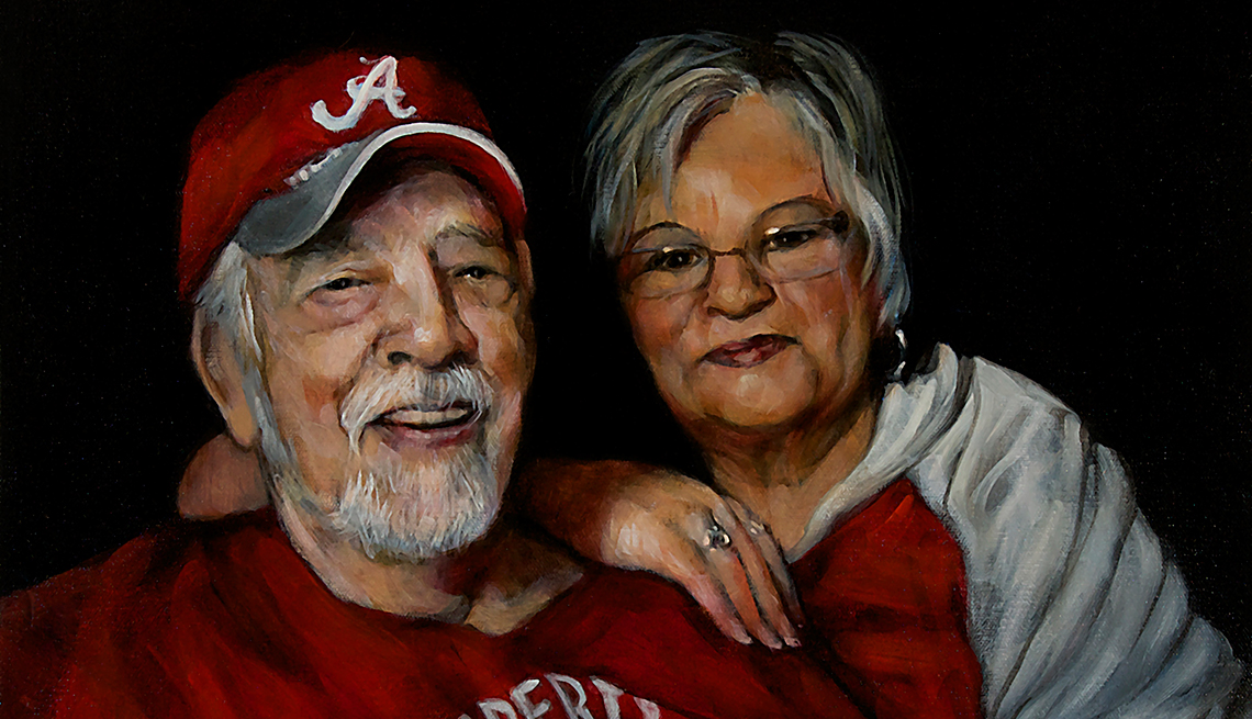 A painting of a woman and a man, with a man wearing an Atlanta Braves hat.