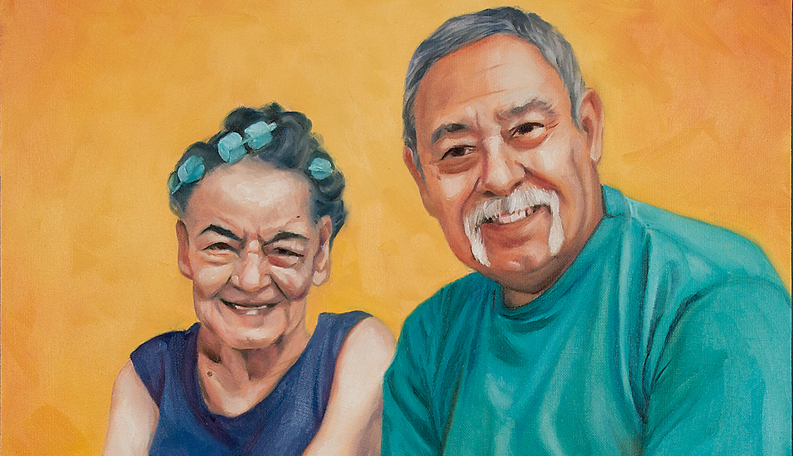 A painting of a man and woman, with the woman wearing hair curlers.