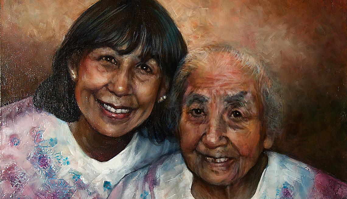 A painting of two smiling, older women.