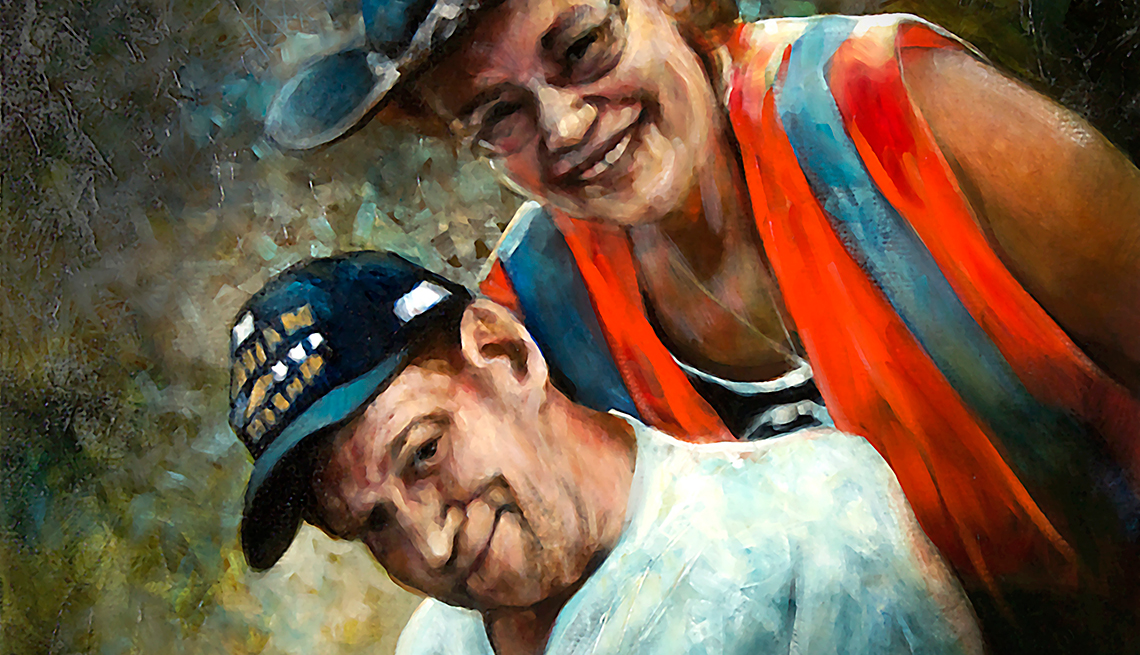 A painting of a woman and a man, with the man wearing a baseball cap.