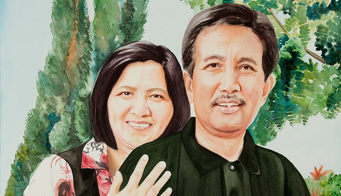 A painting of a couple with trees in the background