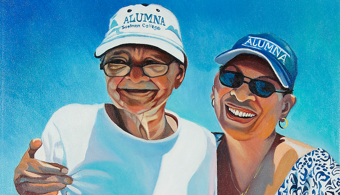 A painting of a man and woman with baseball caps that say Alumna
