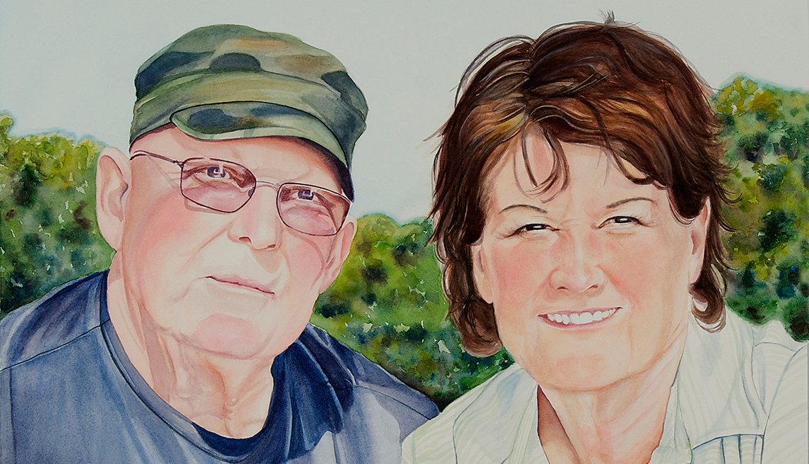 A painting of woman and a man, with the man wearing an army fatigue hat