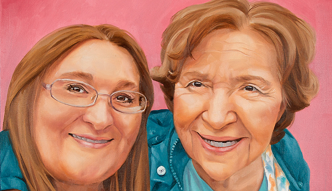 An up-close painting of two women smiling