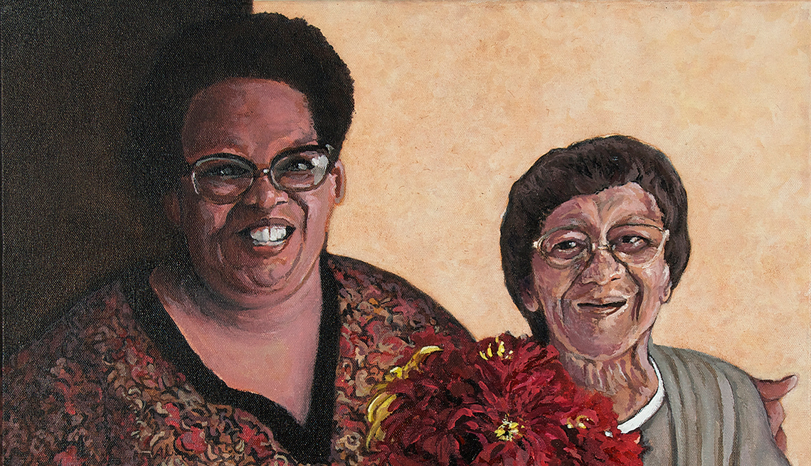 A painting of two older women, holding flowers