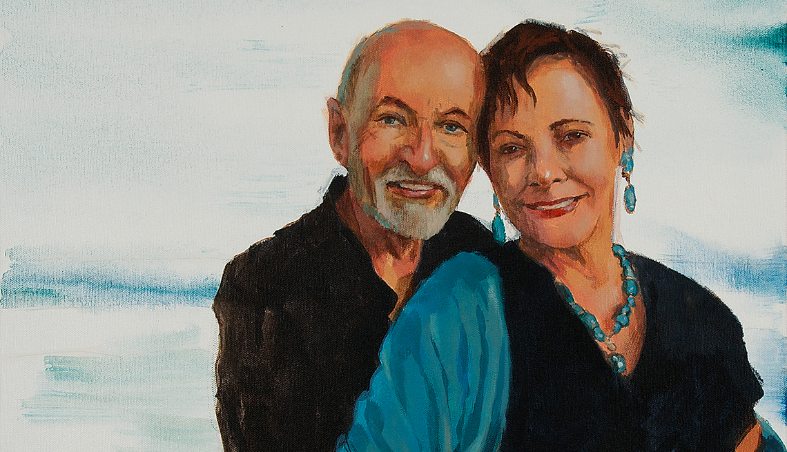 A painting of a man and woman hugging, Jill and Bob
