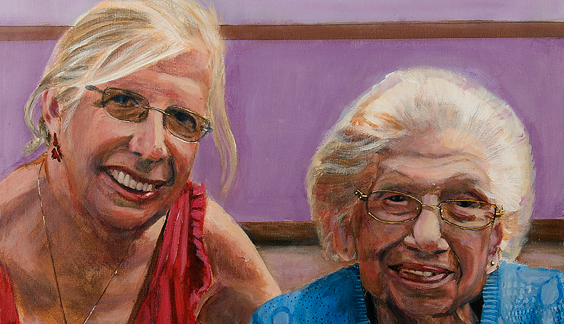 A painting of two women wearing glasses, Karen and Josephine