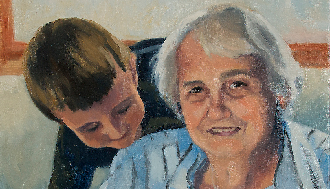 A painting of a woman and a little boy, both smiling.