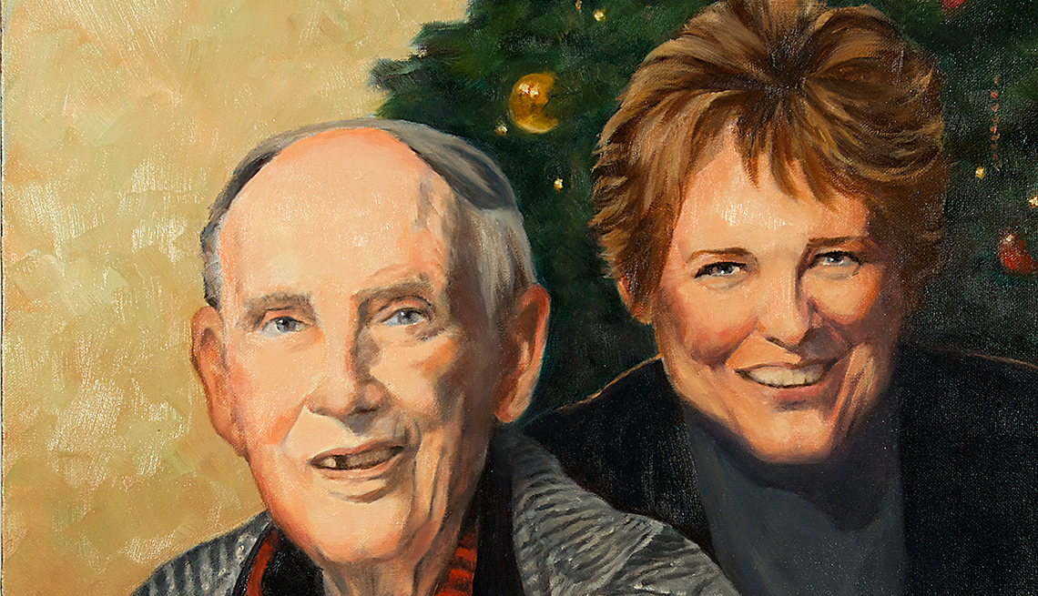 A painting of a man named Woody and a woman named Sherri in front of a Christmas tree