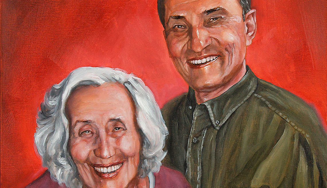 A painting of a man and woman named Valentine and Ruby, smiling 