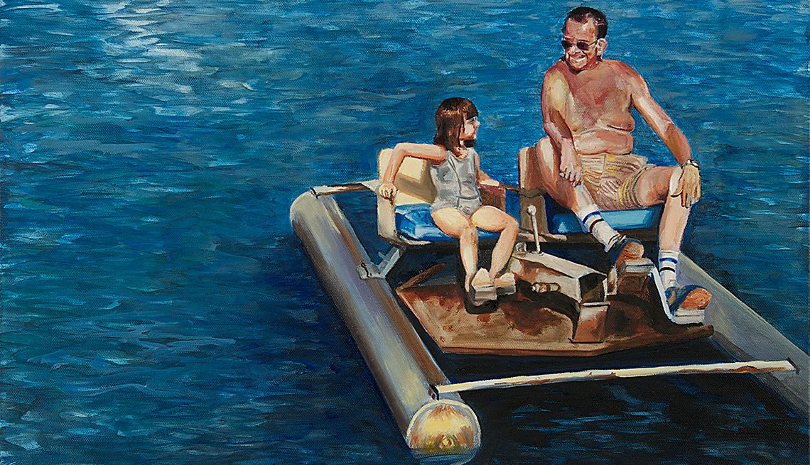 A painting of a man and a little girl sitting on the lake