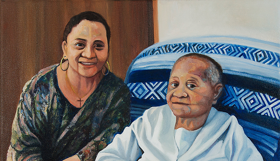 A painting of a woman in a chair and another woman sitting next to her.