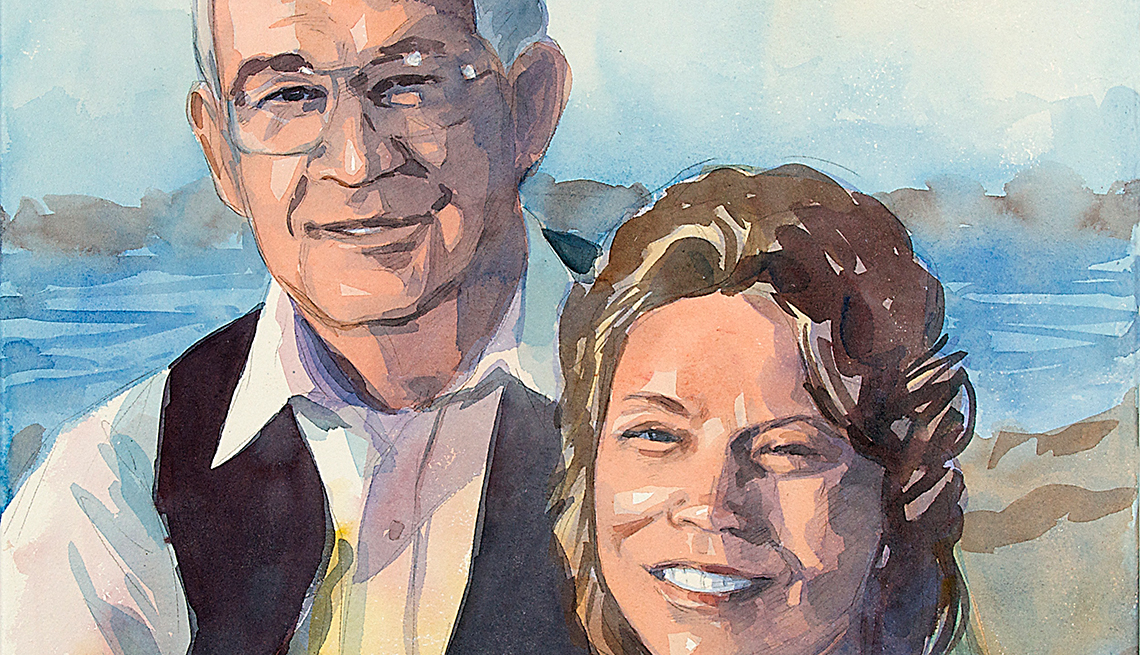 A painting of a woman named Patricia and a man with eyeglasses named Bob