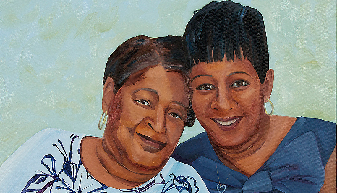 A painting of Trequita and Evelyn, both hugging.