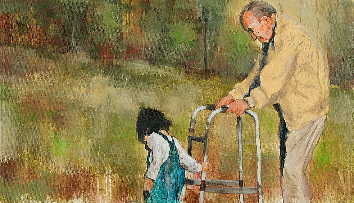 A painting of an older man with a walker named Irvine, and a little girl named Leah