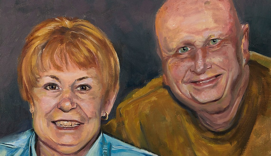 A painting of Stuart and Carol, both smiling