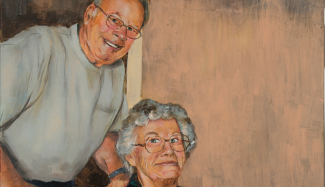 A painting of Nancy in a chair and Bill standing behind her.