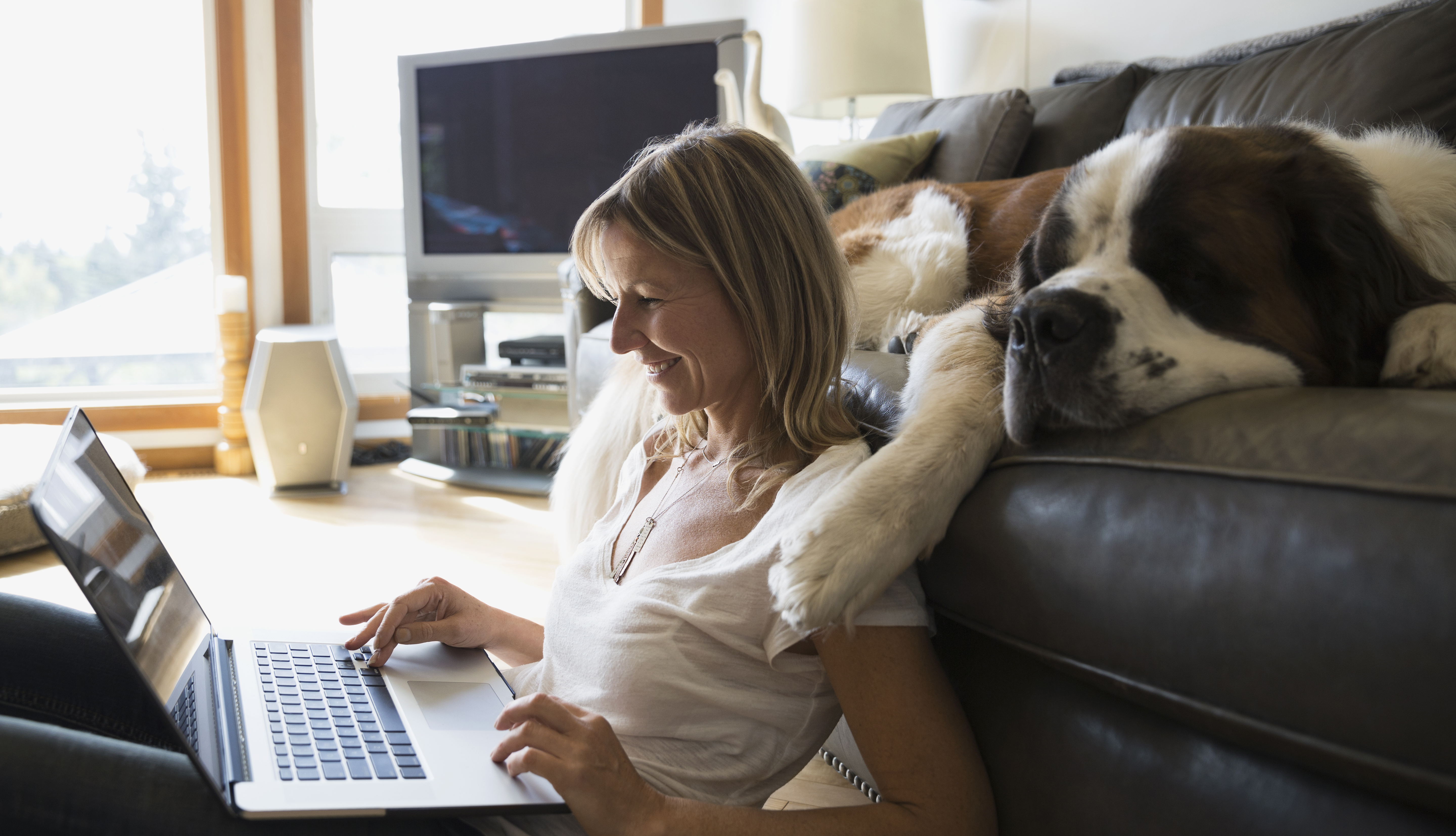 Women works on her computer with her dog laying on the couch
