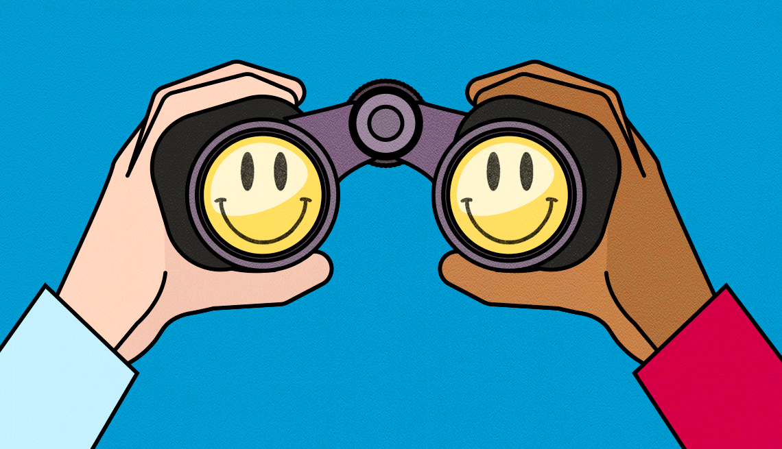 Ilustración de una mano blanca y otra marrón que sostienen unos binoculares con caritas alegres
