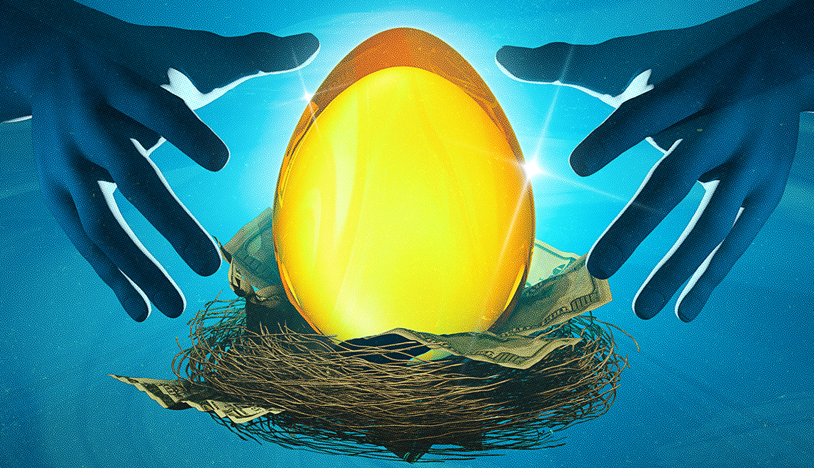 Ilustración de unas manos que intenta agarrar un huevo de oro en un nido con dólares