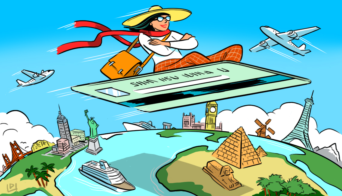 an illustration of a woman riding on a credit card like a magic carpet over the globe