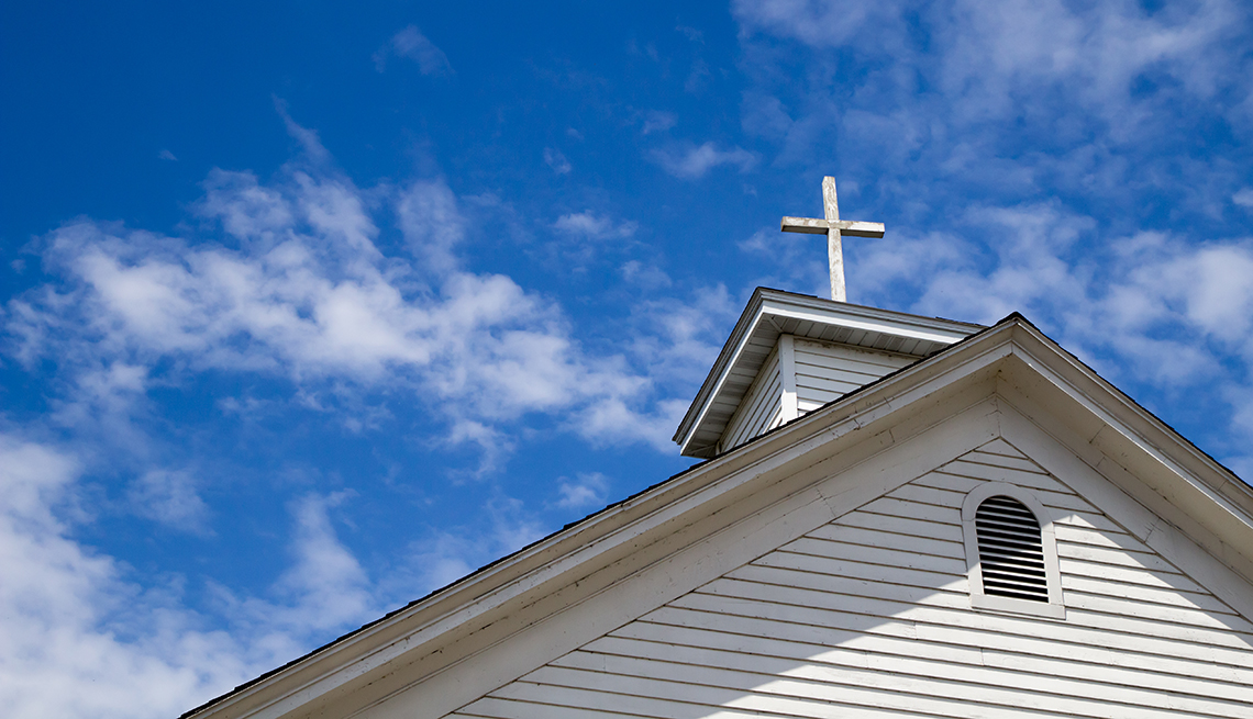 white church steeple with cross and blue sky