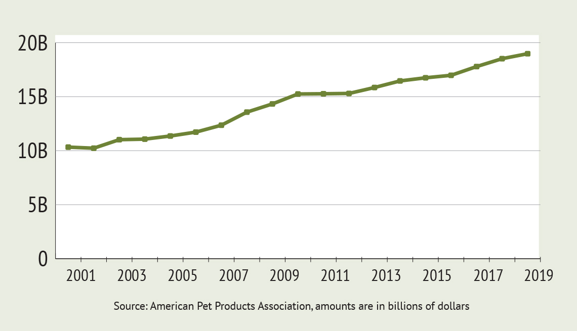 A graphic chart showing the increase in spending for pet care - Source: American Pet Products Association, amounts are in billions of dollars 