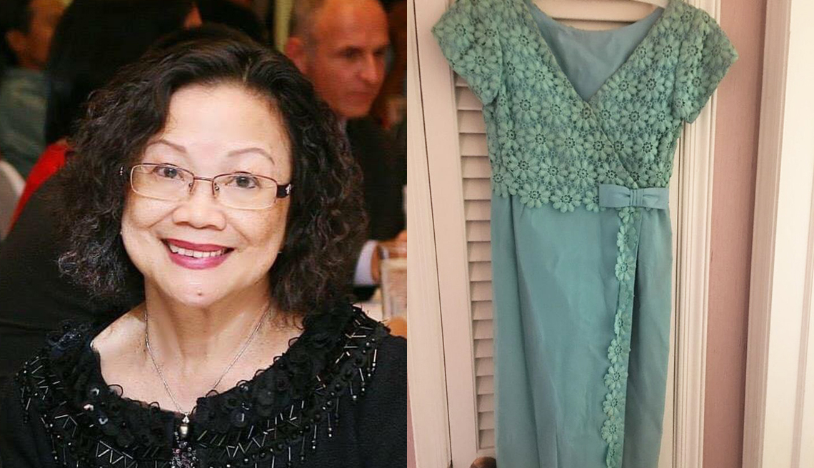 Frances Jean, who lives on New York’s Long Island, found the green bridesmaid’s dress she had worn to friends’ weddings in the 1970s while decluttering.