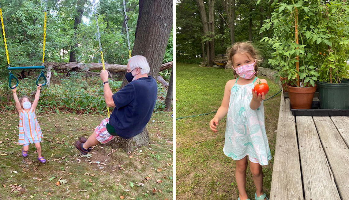 Dos imágenes: John Shemkus en los columpios con su nieta (izquierda) y una nieta sosteniendo una fruta.