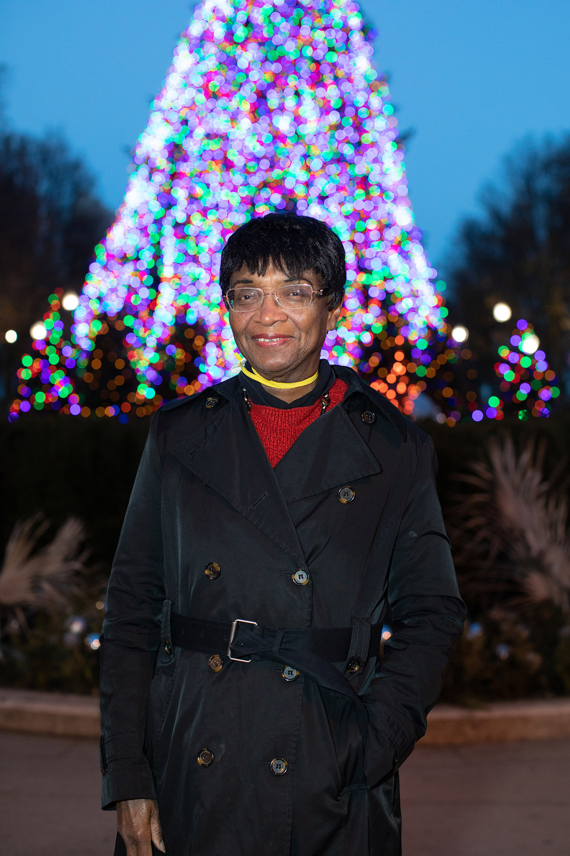 Catherine Townsend, 85, stands in front of a tree she grew from a sapling that was chosen by the City of Chicago for display in Millennium Park for the 2020 Christmas season.