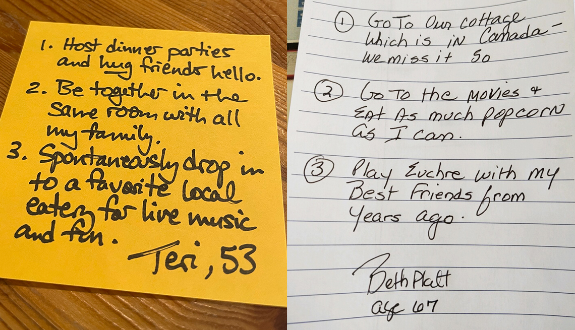 image of two handwritten notes from readers saying what they would like to do after it is safe to get back to normal