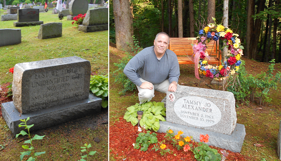 Dos imágenes: una muestra la lápida de una tumba en el cementerio; y otra muestra a  Carl Koppelman junto a la tumba tras ser identificada la persona fallecida