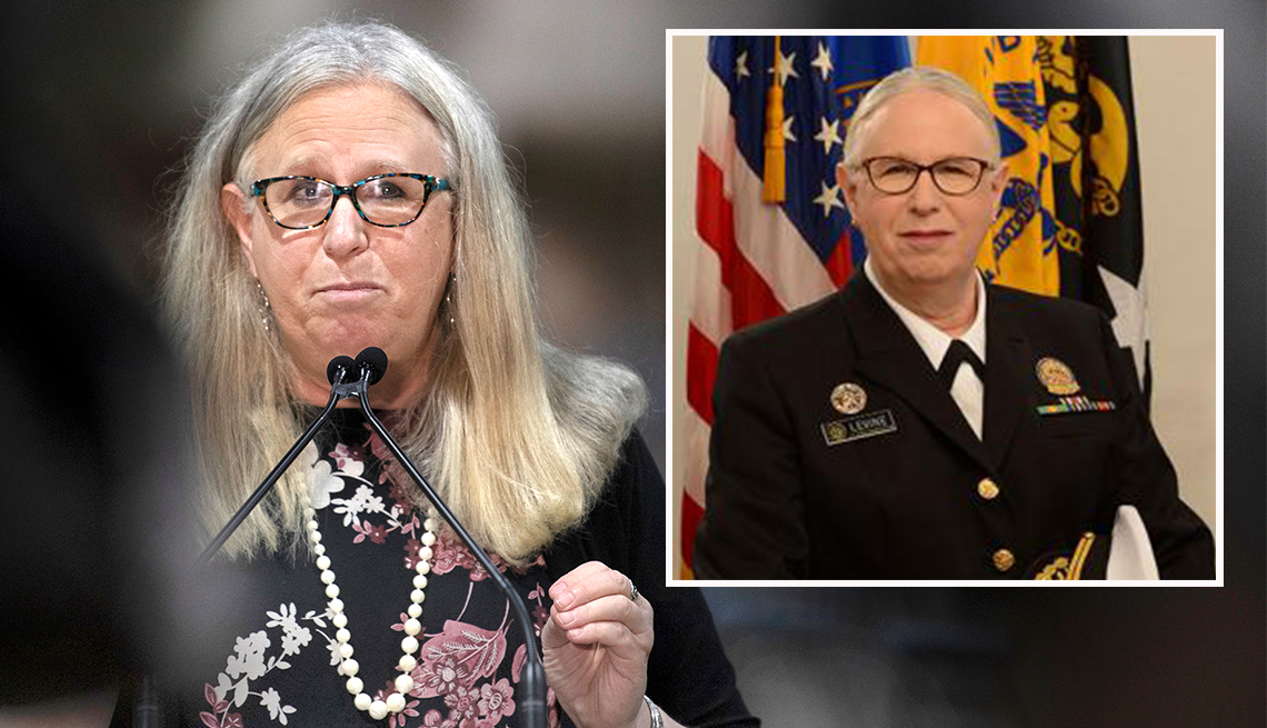 two images of rachel levine one from april of twenty twenty one speaking in pennsylvania and their official military portrait