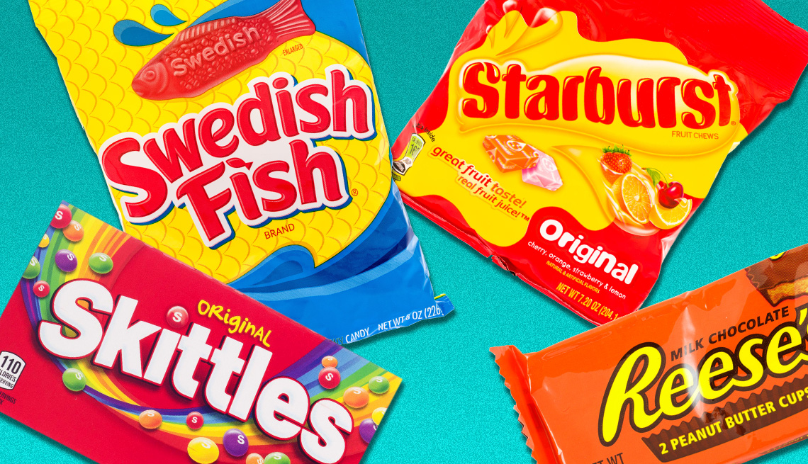 popular candy in the american south such as swedish fish starburst skittles and reeses cups