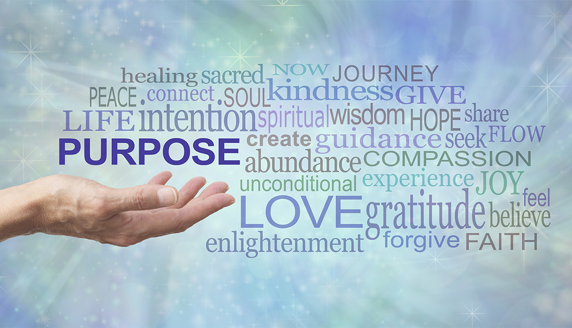 open palm hand with the word PURPOSE floating above surrounded by a relevant word tag cloud on a soft blue flowing energy background